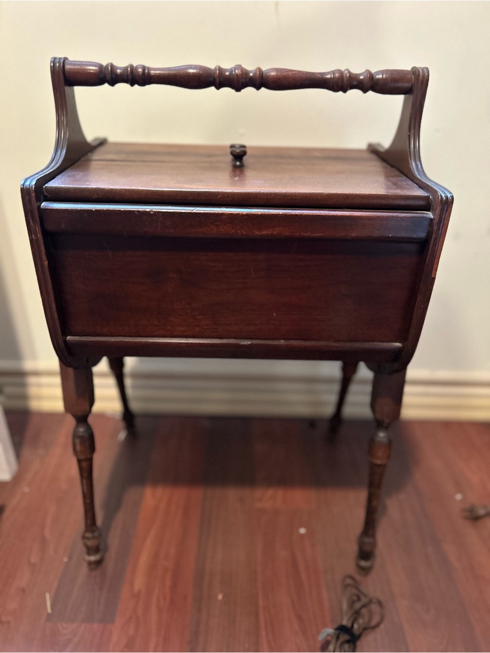 Vintage Wooden Sewing Chest with Carry Handle - Dark Brown